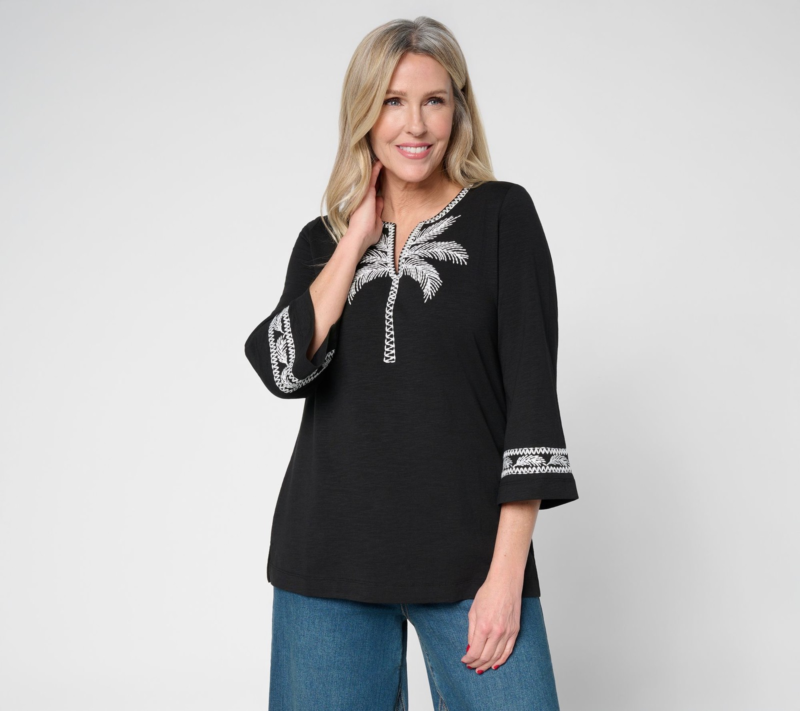 Belle by Kim Gravel Belle Beach by Kim Gravel Slub Knit Palm Embroidered Split N