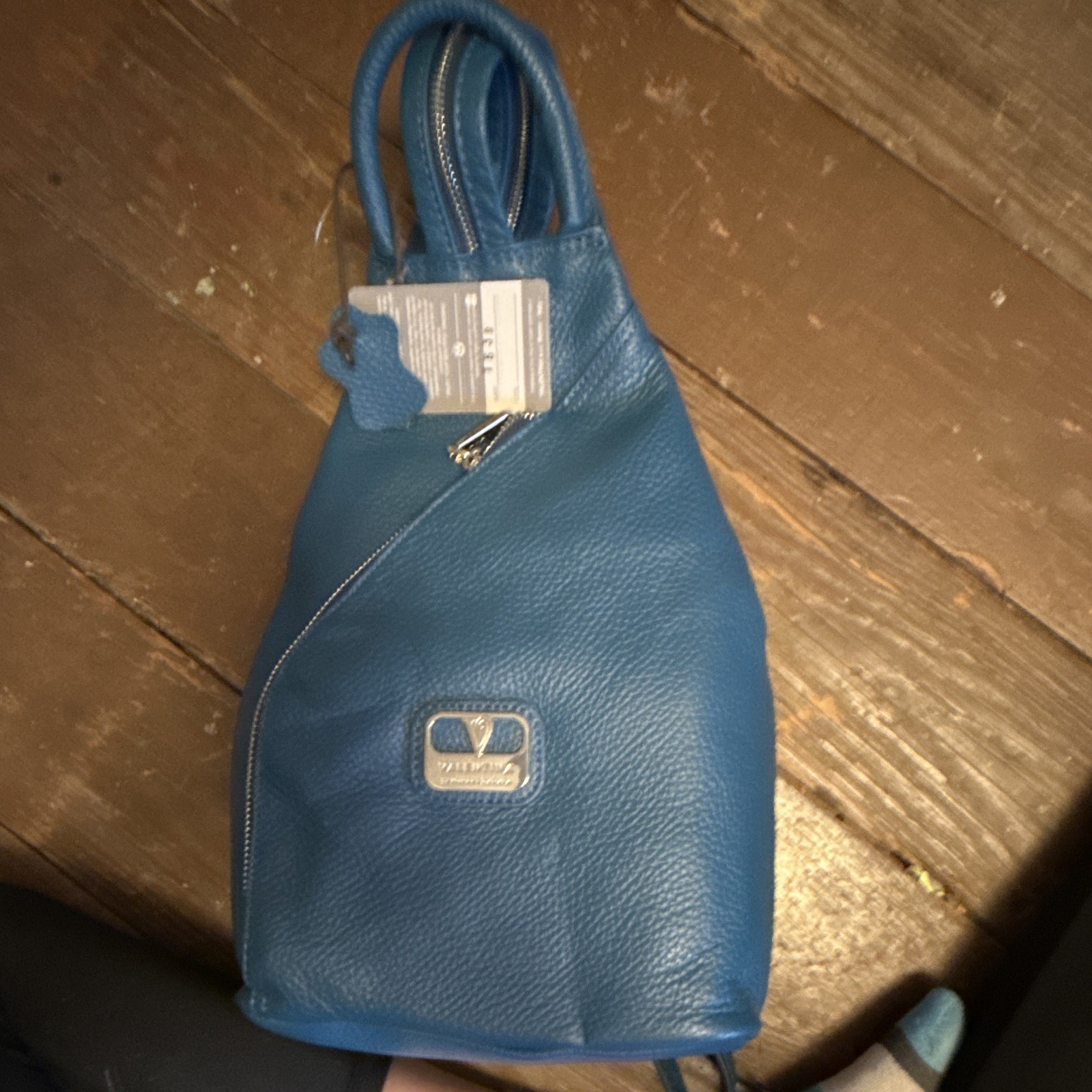 Valentina Blue Pebbled Satchel Top Handle Zip Handbag w/ Detachable Strap