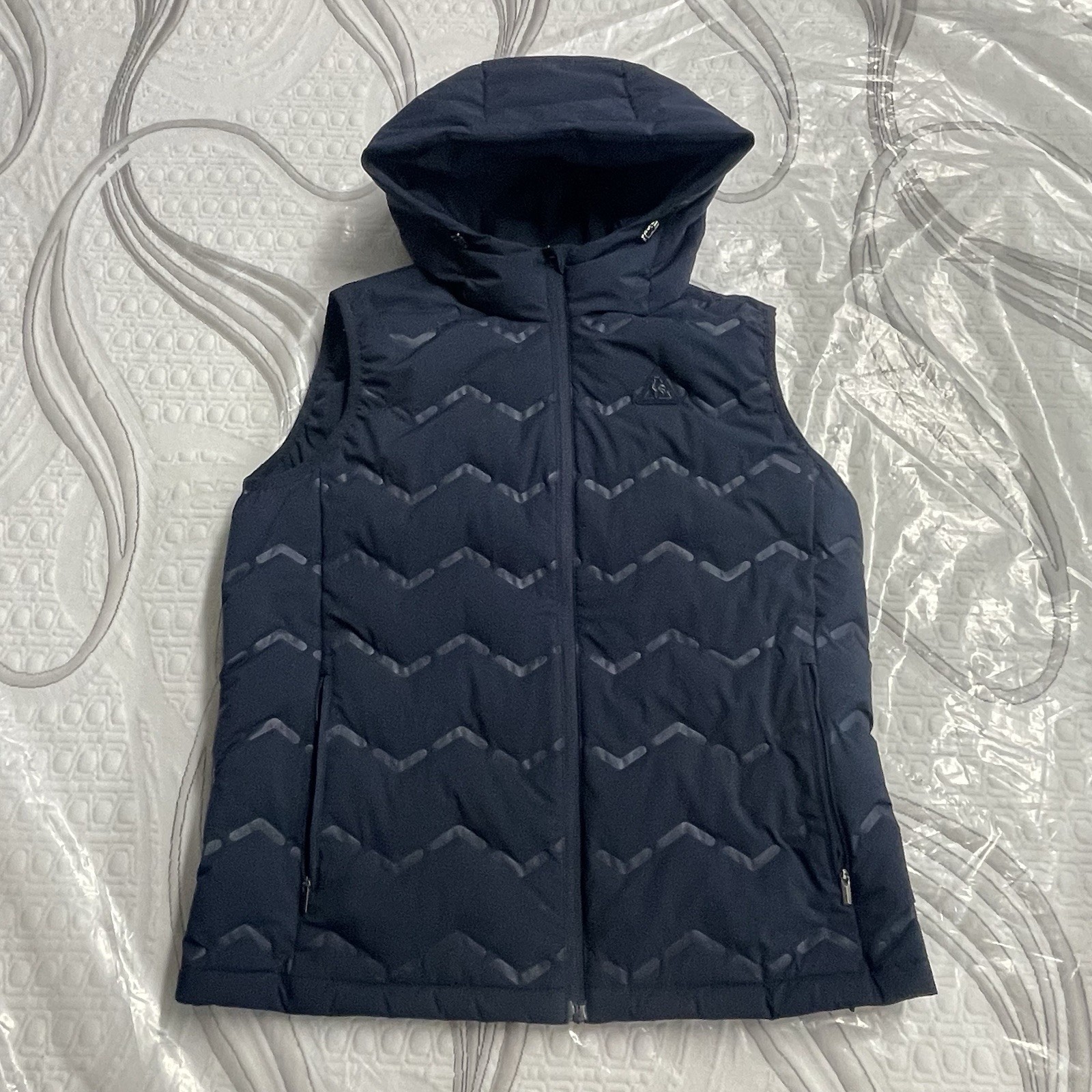Le Coq Sportif Vest Golf Down Puffer Hooded Blue Sz M Zip Pockets Blue Jacket