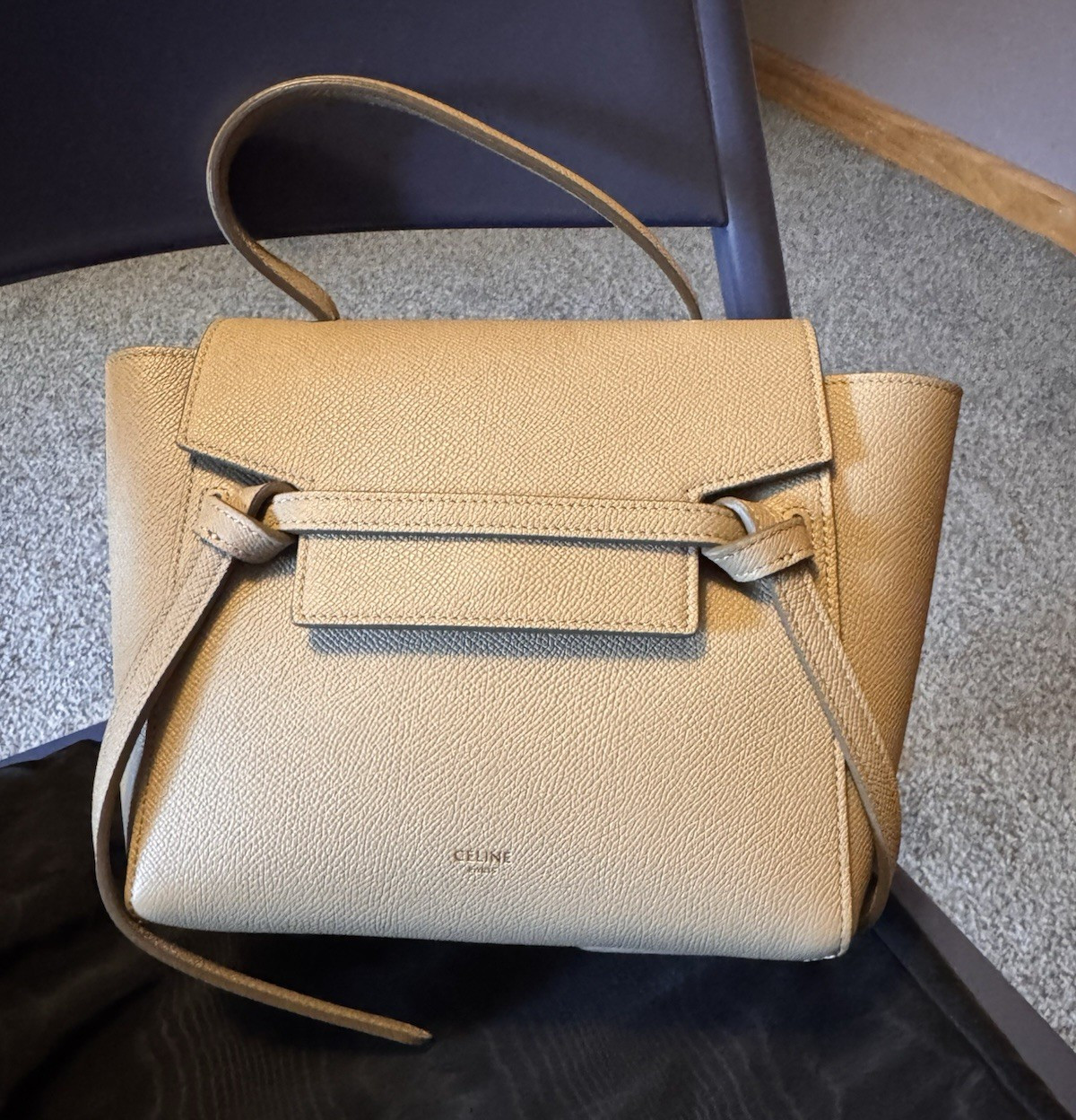 CELINE Beige Belt Bag Nano Satchel Top Handle Adjustable Strap Gold w/ Dust Bag