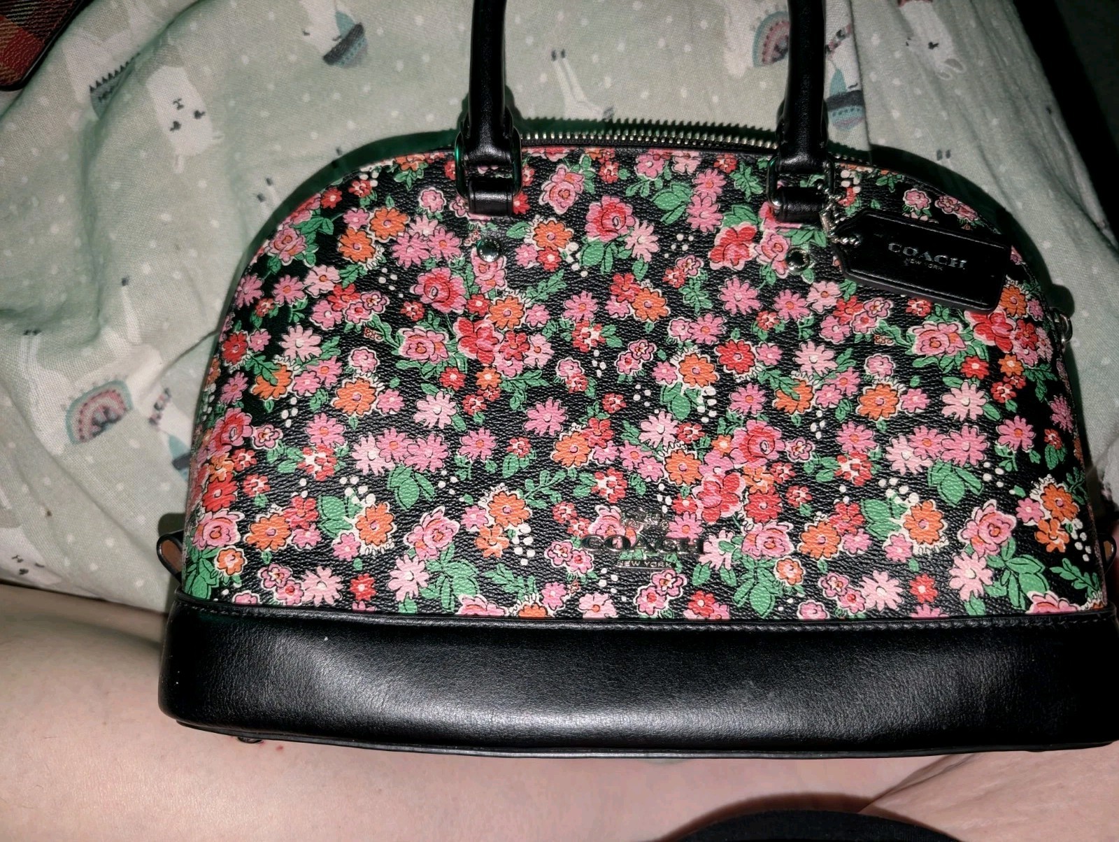 COACH Sierra Posey Cluster Floral Coated Canvas Satchel Blk/Pnk GORGEOUS NWOT