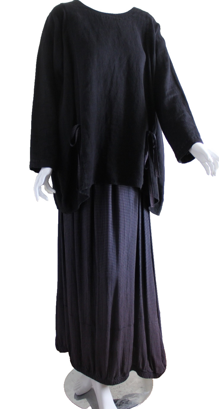 NO FRILLS 1 L XL 1X Black Funky French Linen Boxy Lagenlook Top Skirt Set flax