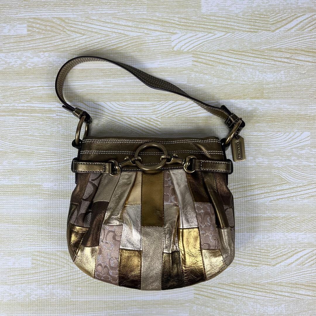 Coach Gold Signature Patchwork Handbag Leather Shoulder Bag 7.5in 17cm 19cm