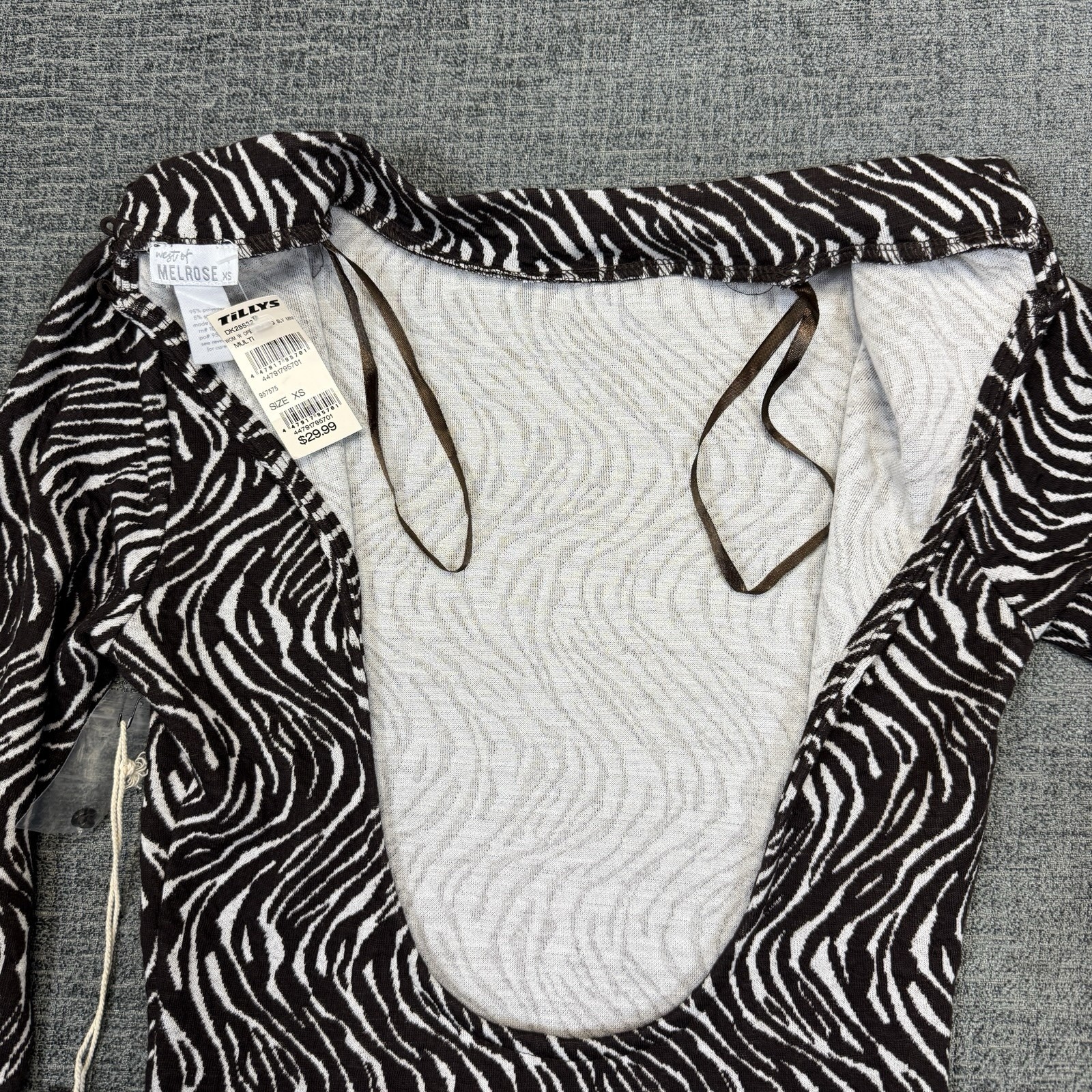 West of Melrose Zebra Print Open Back Mini Dress Long Sleeve Ruched XS NWT