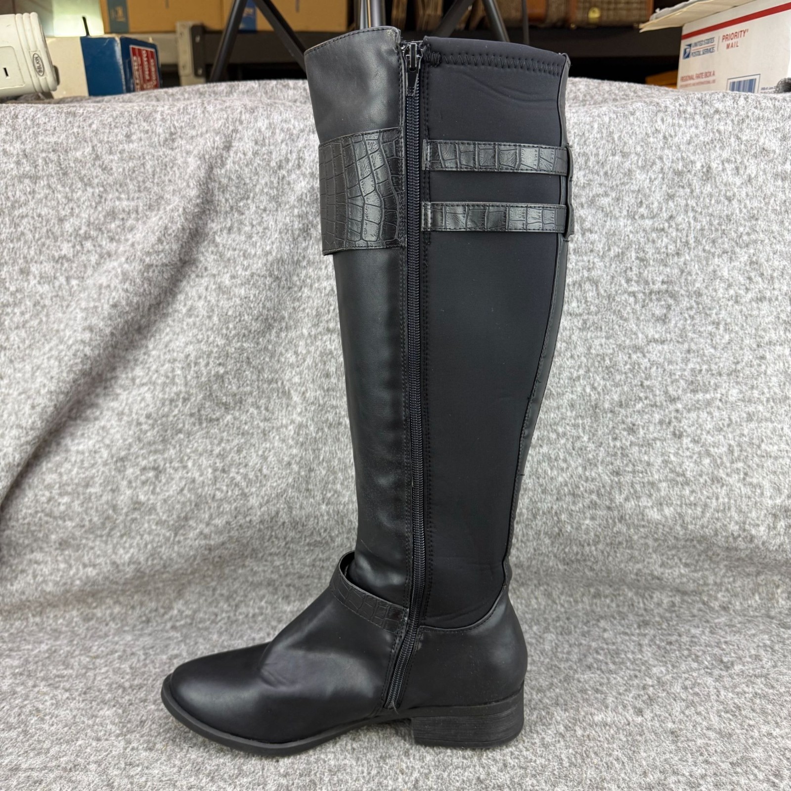 ✅Womens 9M Nicole Tess Black Knee-High Riding Boots Side-Zip Double Buckle Strap