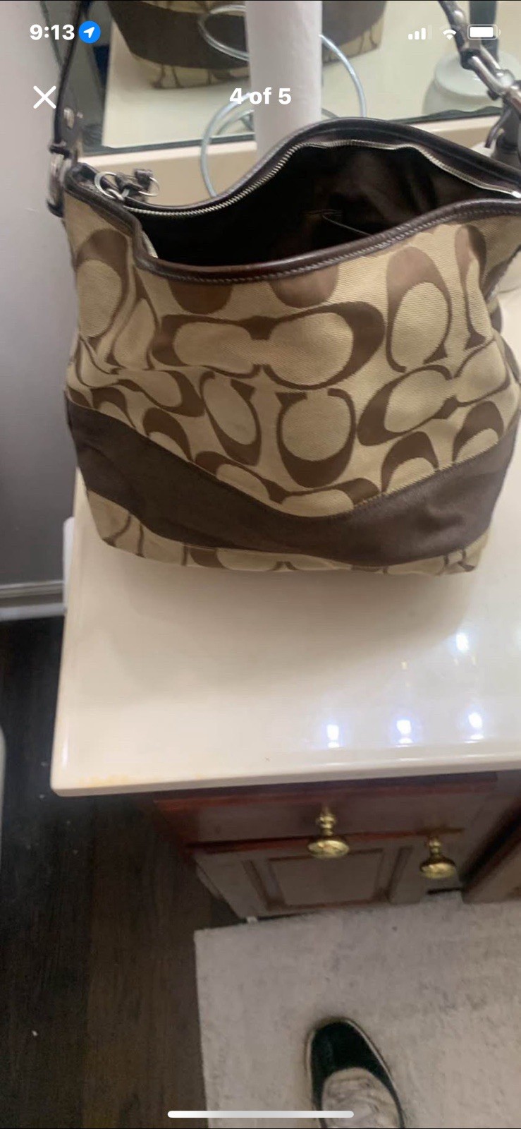 Coach Signature Monogram Shoulder Bag, Brown/Beige, Zip Closure, Medium