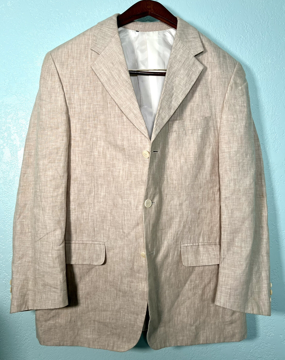 Haspel Mens 100% Linen Tan 3/2 Sports Coat Blazer Jacket Size 40R Lightweight
