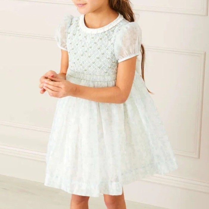 Pepa London Constance Floral Hand Smocked Party Dress Light Green 5 Girls