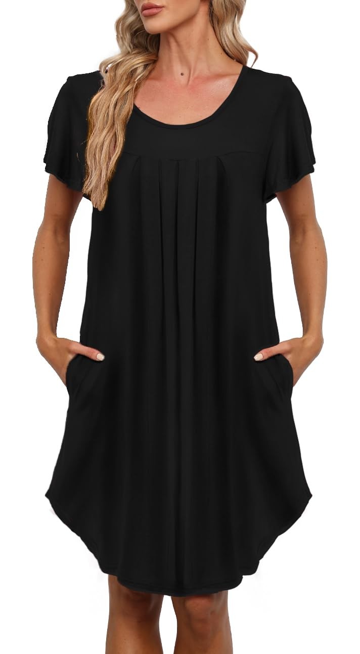 Bestshow Plus Size 5XL Pleated Nightgown Soft 5X-Large, A-solid – Black