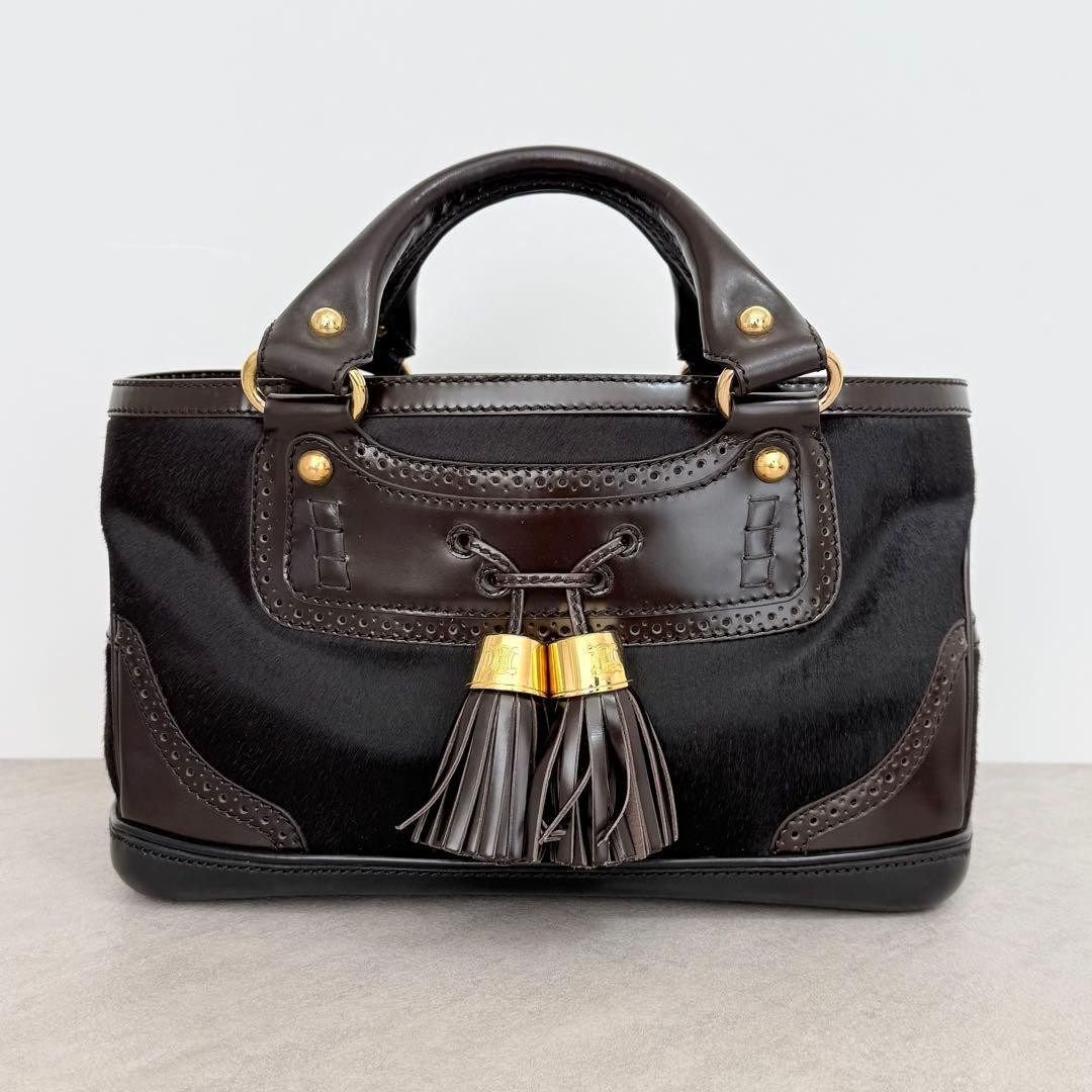 CELINE Calf Hair Boogie Bag Tote Bag Leather Dark Brown Tassel Vintage Used F/S