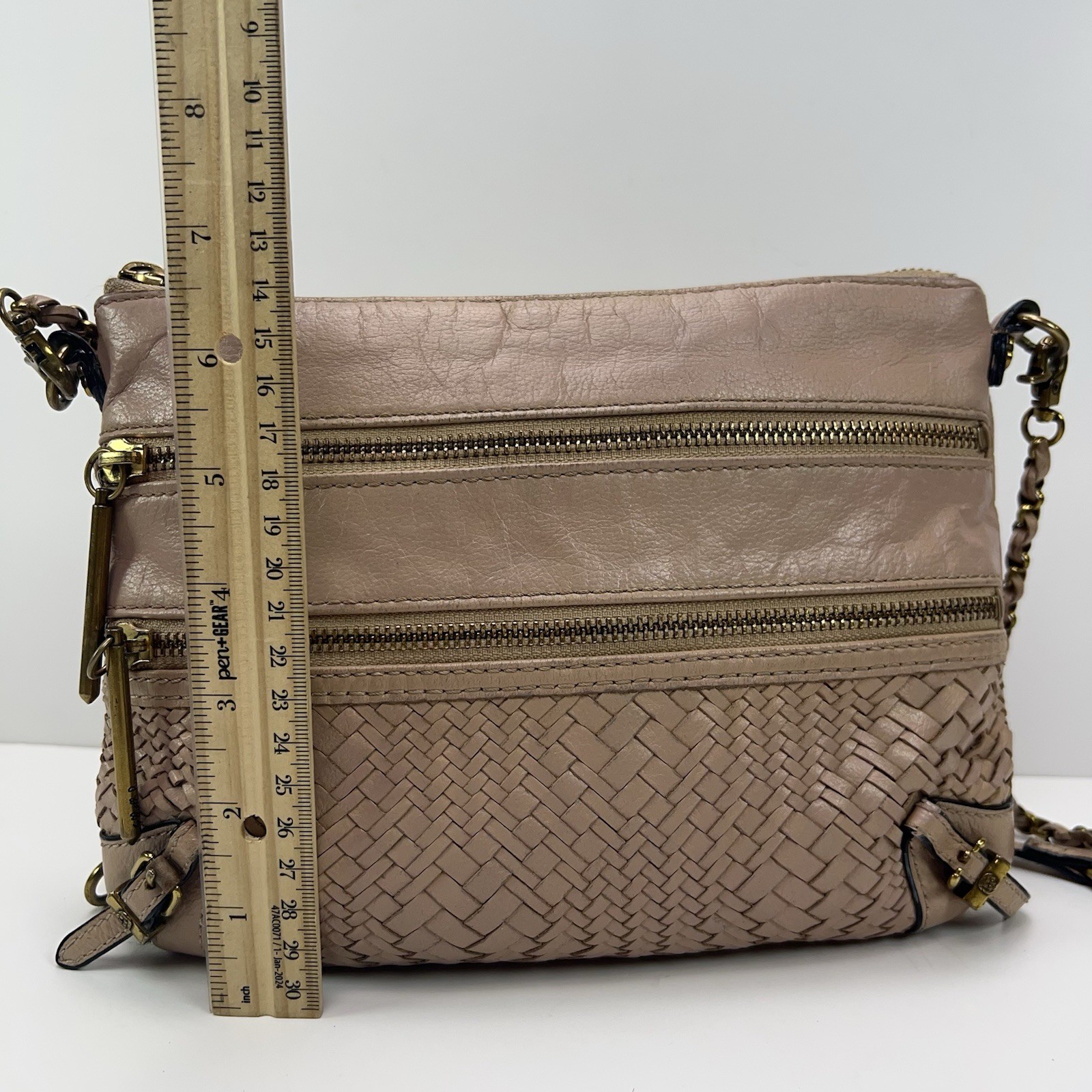 ELLIOTT LUCCA Messina Leather Crossbody Bag 3 Zip Basket Weave Purse Boho Nude