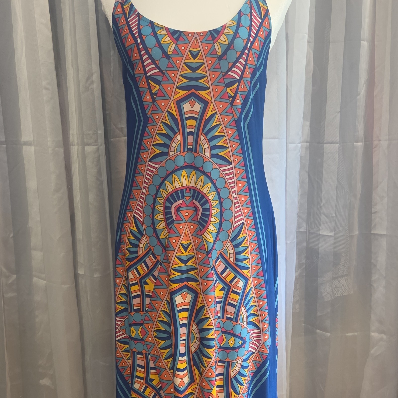 Womens Multicolor Blue Geometric Graphic Print Sleeveless Round Neck Maxi Dress