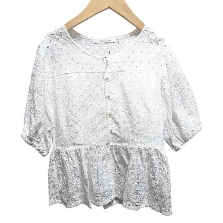 Cherie Mona Lace Peplum Blouse Women M White Eyelet Puff Sleeve Button Japan EX