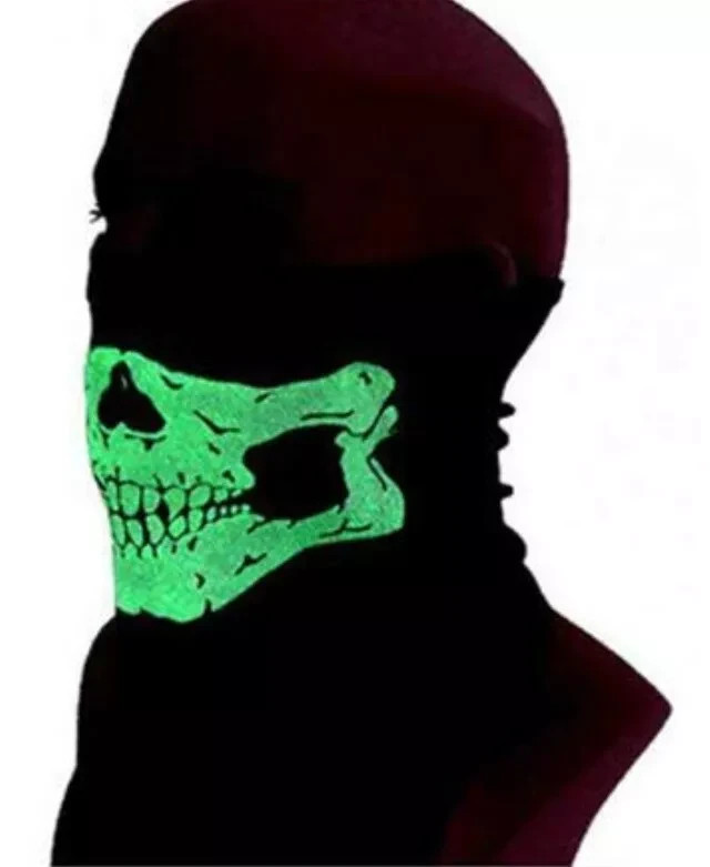 NEW VELCRO®brand ADJUSTABLE BLACK Glow in the Dark SKULL FACE NECK COVER BANDANA
