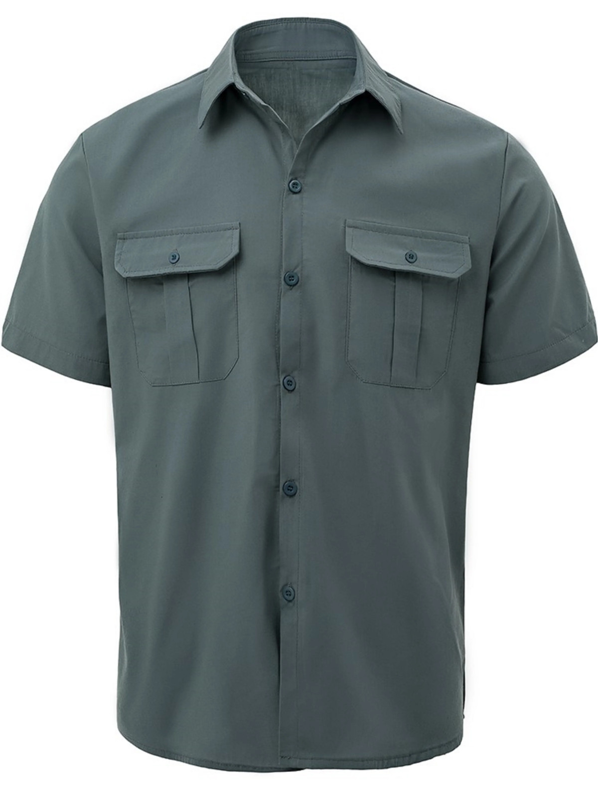 Men’s Summer Lapel Solid Short Sleeve Shirt with Two Pockets Casual Button