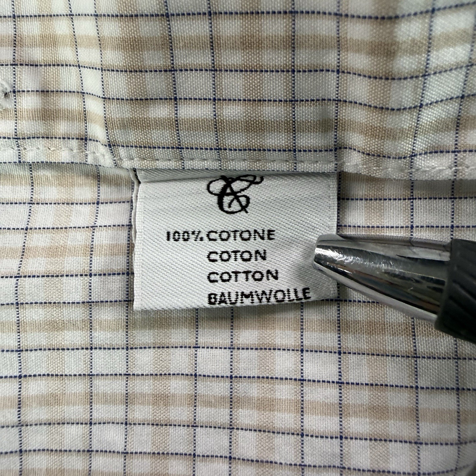 Canali 1934 Dress Shirt Mens 43 17 Beige Blue Check Cotton Button Up Italy