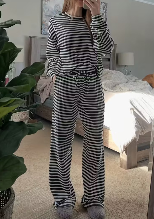 Unisex Striped 2Pcs Lounge Set Long Sleeve Top High Waist Pants