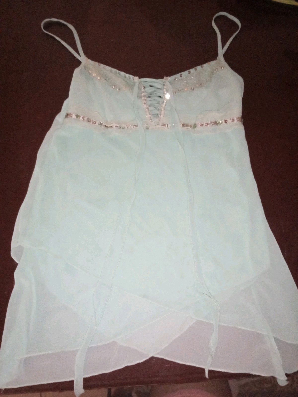 Caramel Women’s Light Blue Chiffon Chemise Sequin Lace-Up Tie Spaghetti Strap