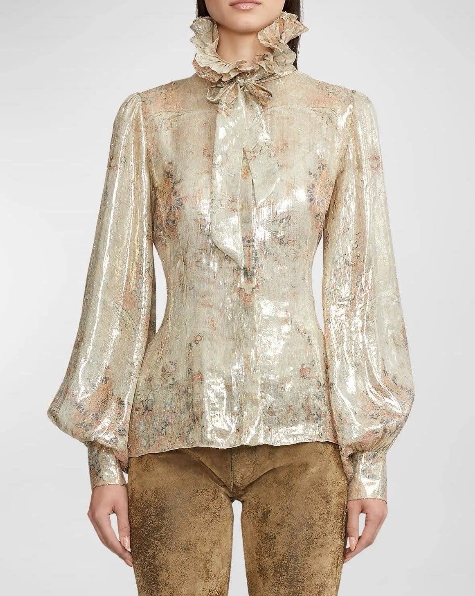 Ralph Lauren Collection Puff Sleeve Blouse Lurex Dress Shirt Tie Neck Silk 10 M