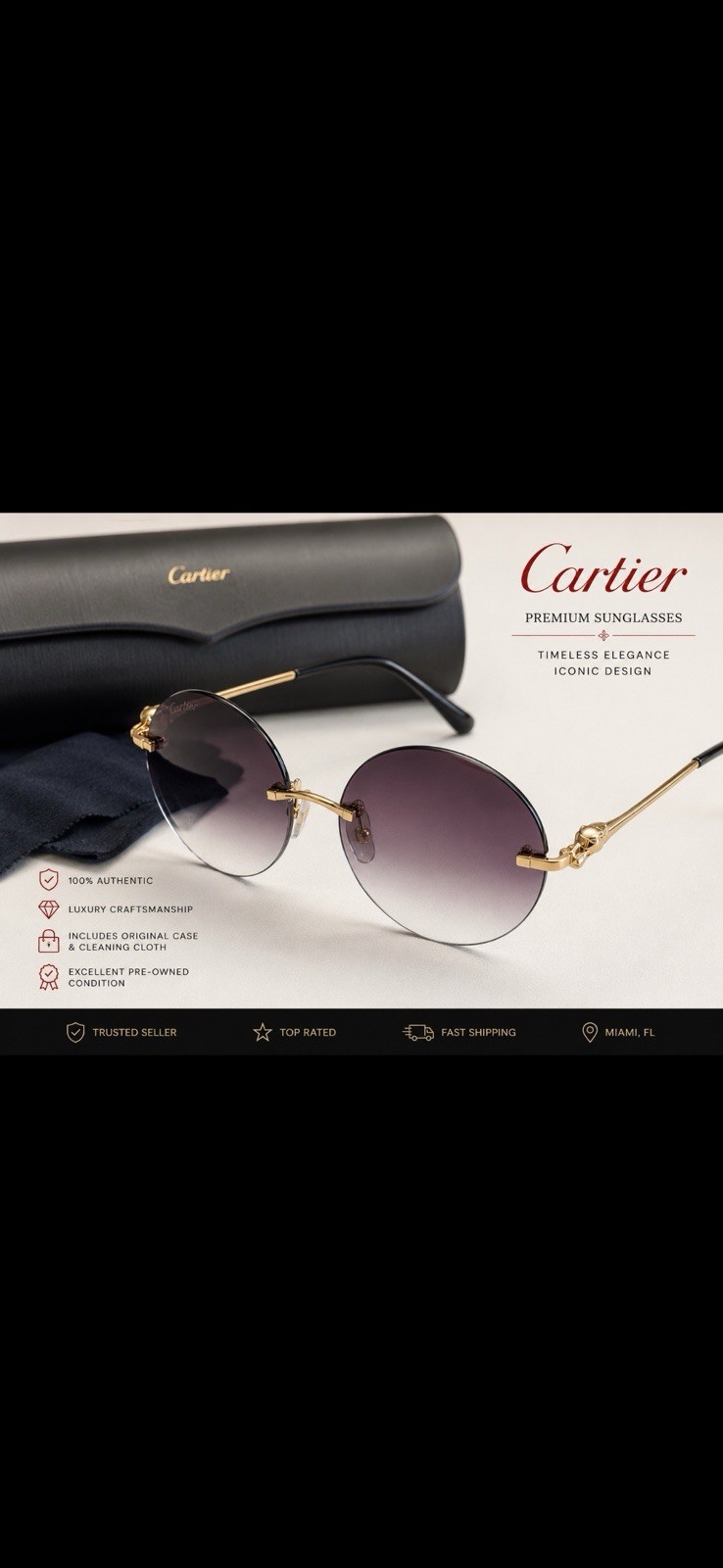 Cartier Rimless Oval Sunglasses Gold Metal Frame Purple Gradient Tinted 140mm
