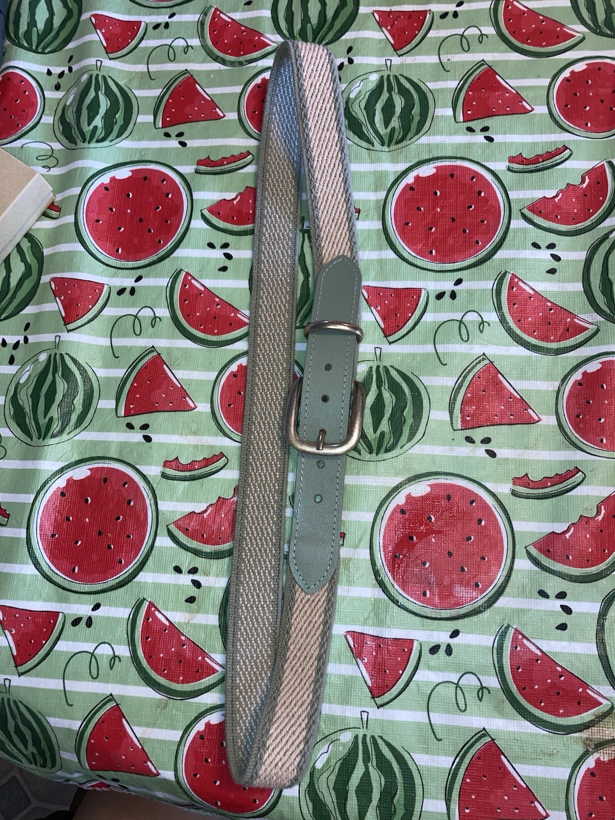 Vintage Green And Tan Women’s Belt With Good Clasp And Elastic Around The Back