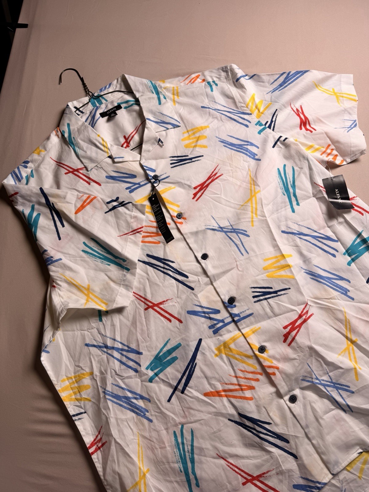 NWT Alfani Camp Shirt XXL Retro Abstract Print Button Front Cotton Short Sleeve