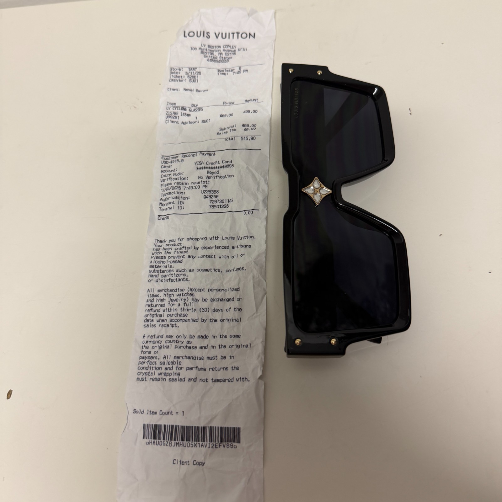 Louis Vuitton Cyclone Z1578E Square Black Glasses *WITH RECEIPT