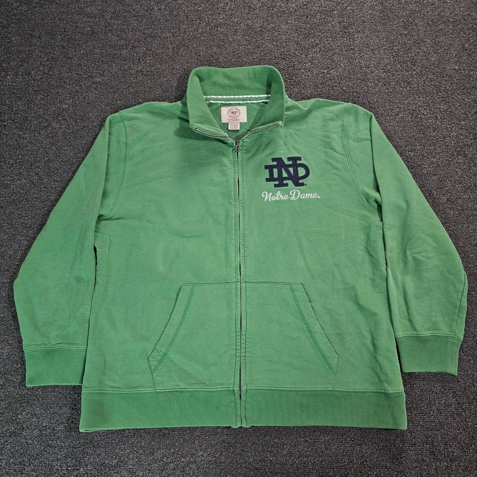 47 Brand Notre Dame Fighting Irish Sweatshirt Mens XL Full Zip Green Relaxed Fit