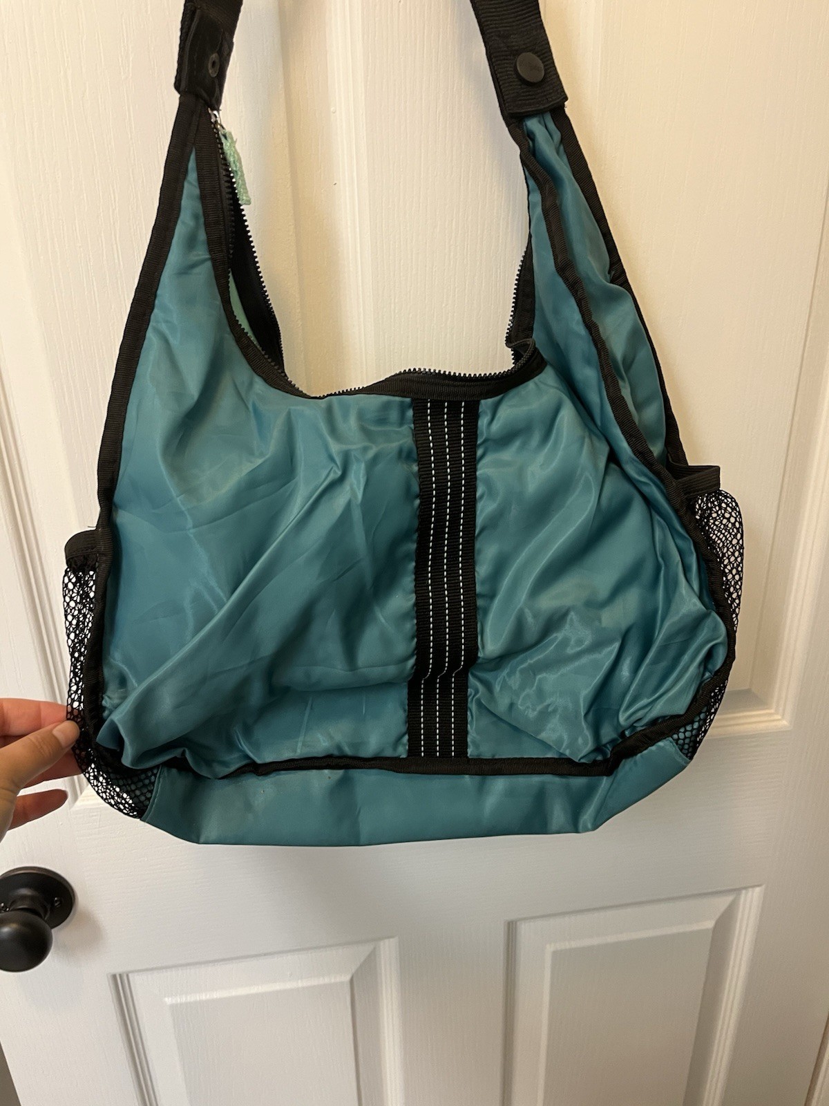 Teal Medium Crescent Shoulder Bag Zip Closure Mesh Pockets Detachable Strap