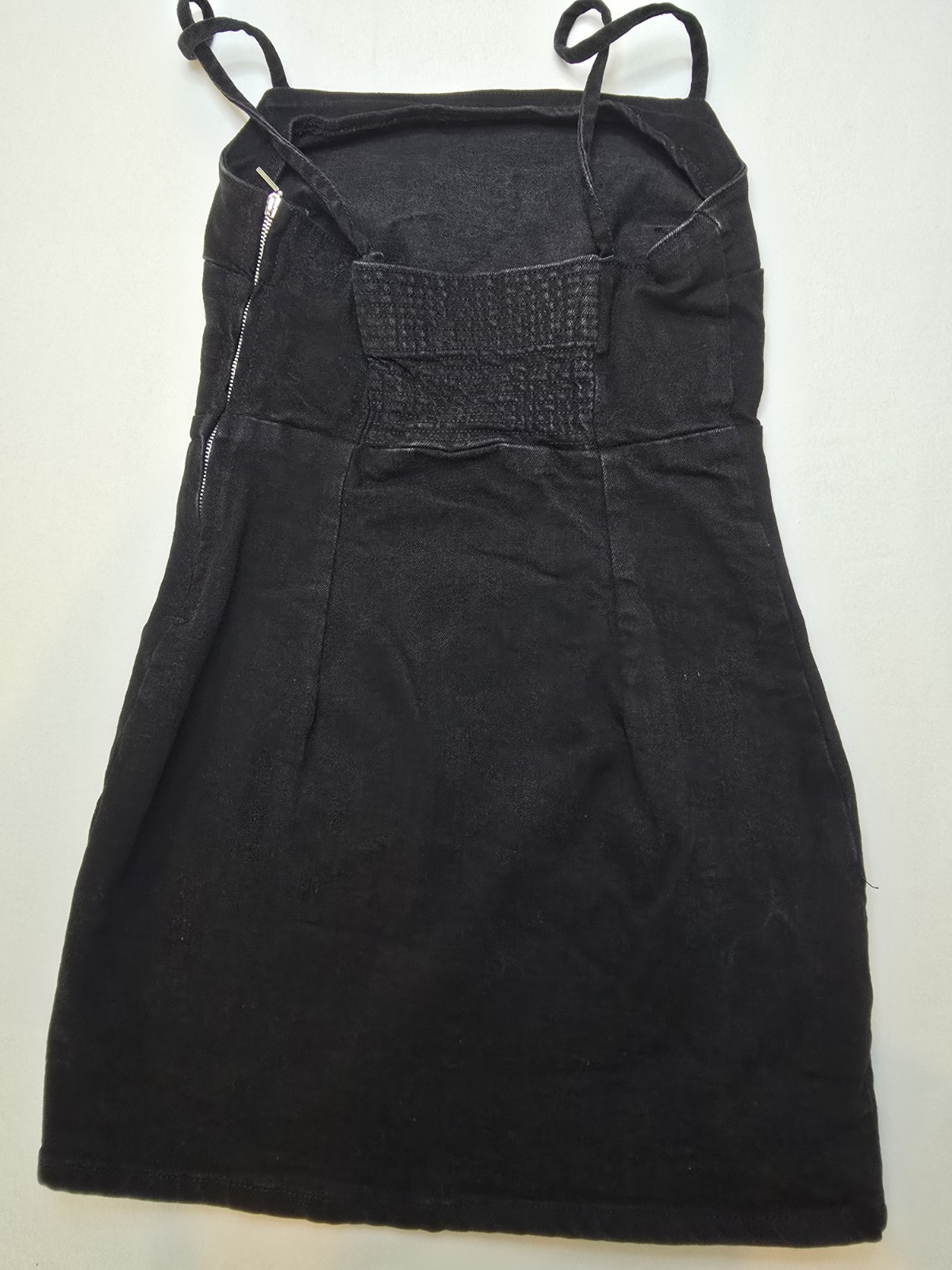Zara Black Denim Mini Dress Women’s Size Sm Spaghetti Strap Smocked Back A-Line