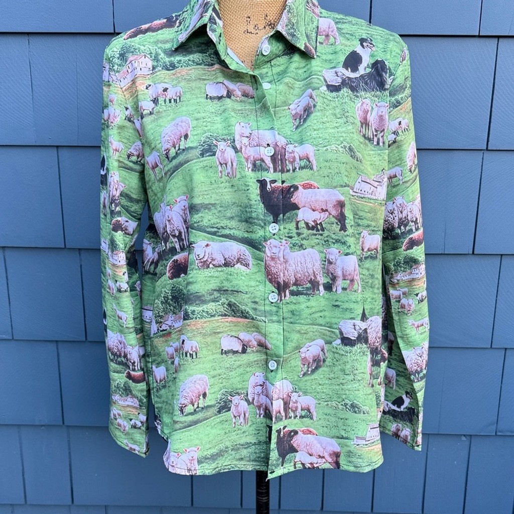 Source Unknown Green Sheep Print Women’s Button Down Shirt funky peplum