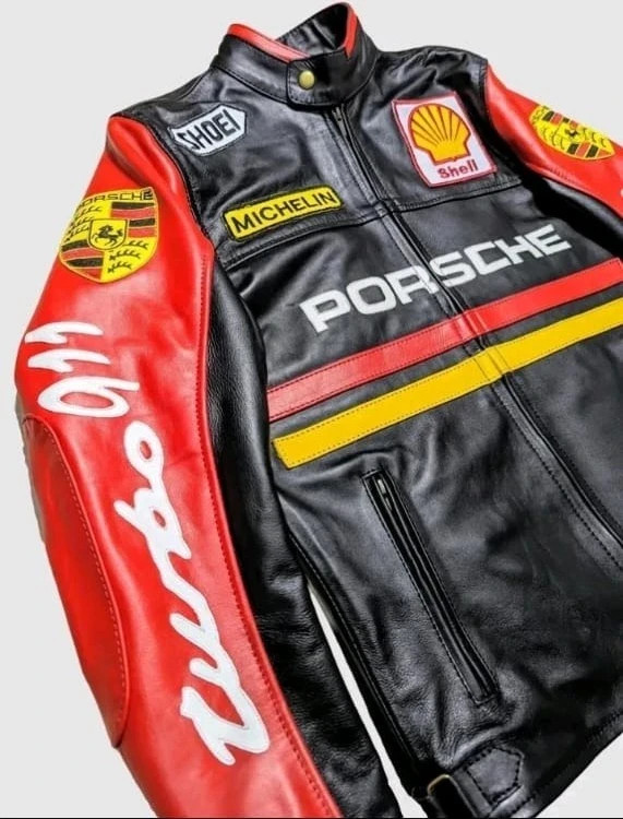 New Men’s Black Porsche Racing Turbo 911 Real Leather Motorcycle Biker Jacket