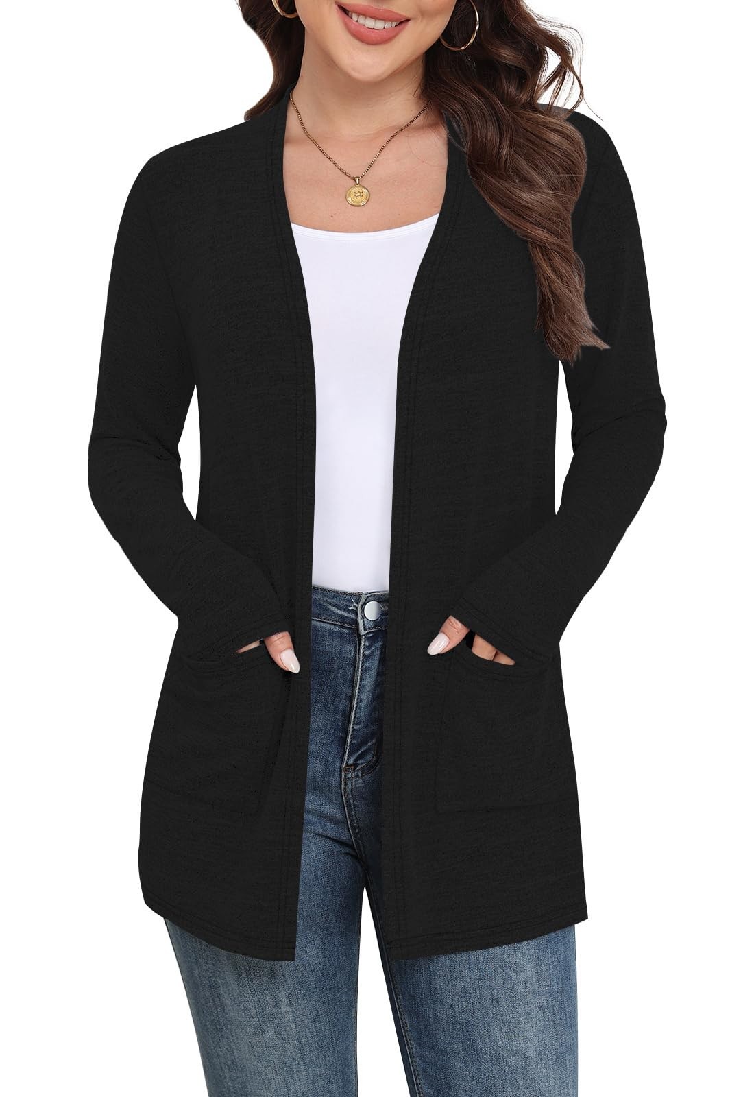 Lightweight Long Sleeve Open Front Cardigan with Pockets – Black L