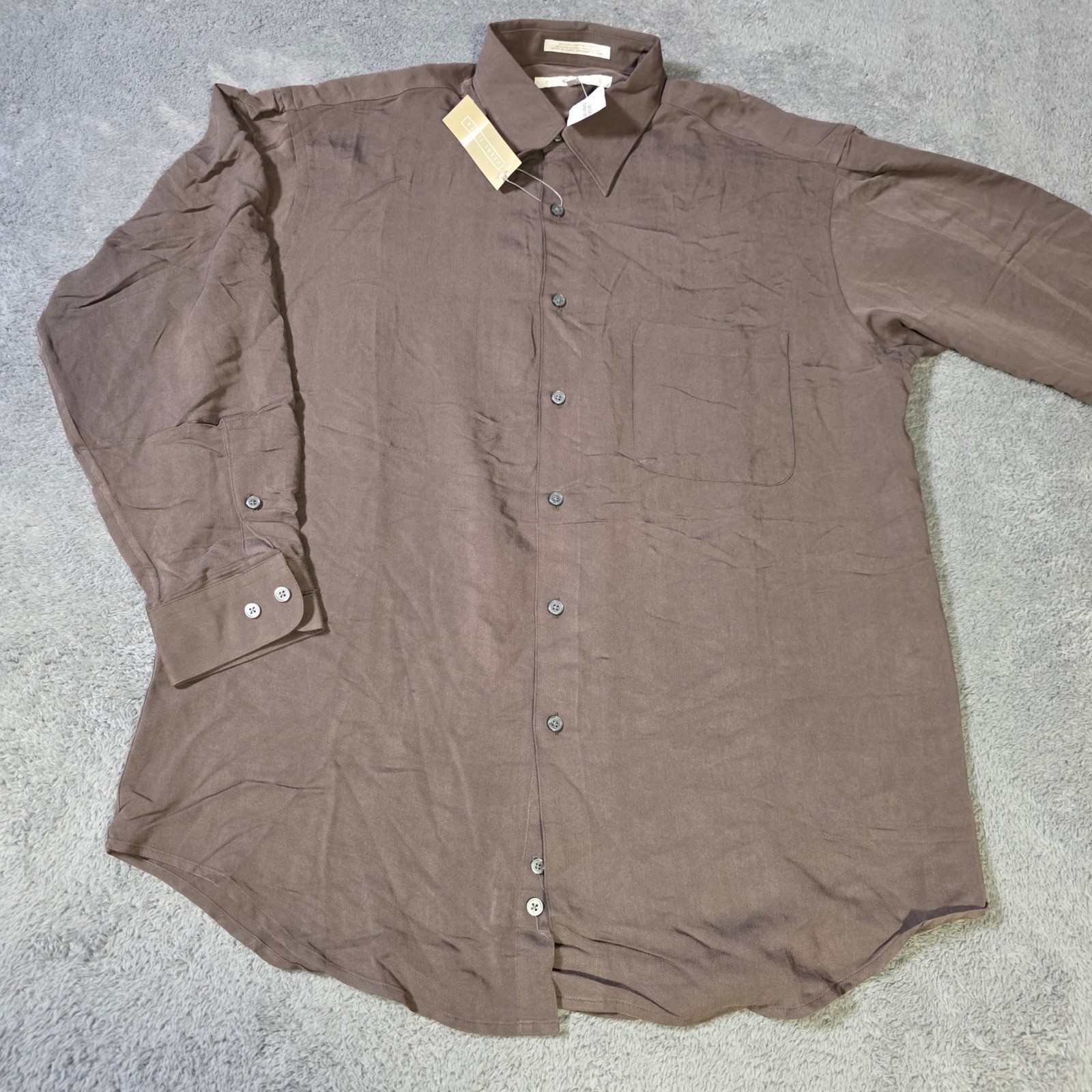 Perry Ellis Mens Medium Button Down Shirt Brown Rayon Blend Long Sleeve MH2654M