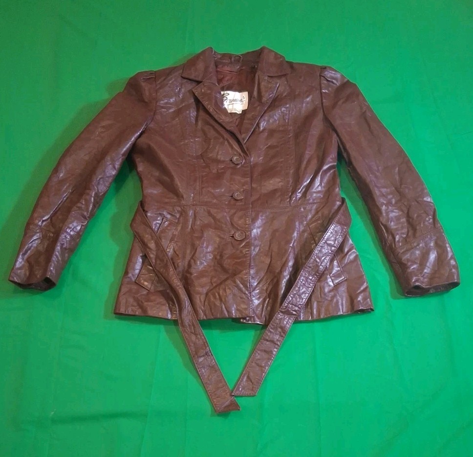 VTG Bermans Leather Experts Womens 10 Brown Leather Belted Jacket Coat 70s 80s