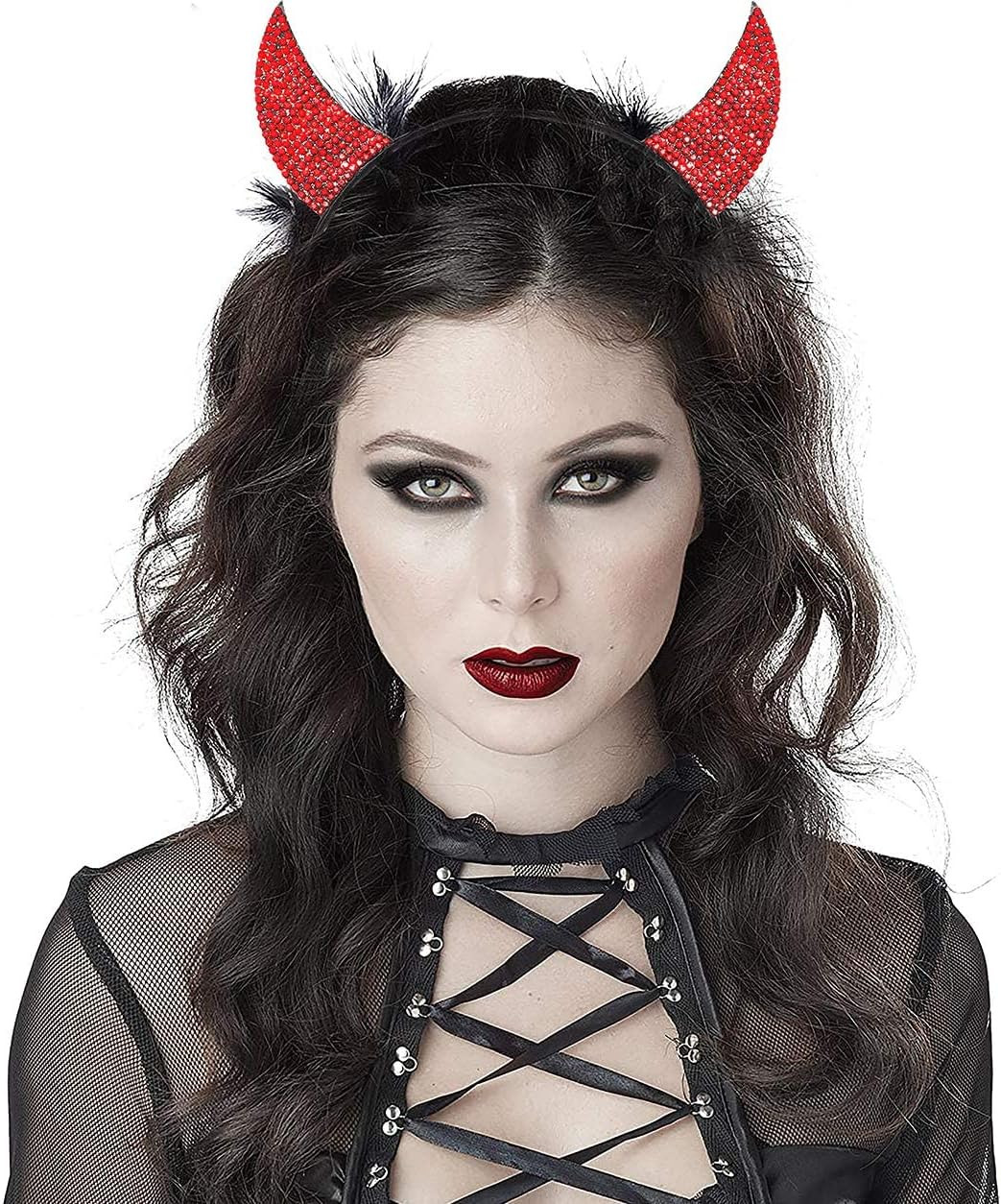 Halloween Headbands for Women Rhinestone Devil Horns Headband Crystal Cat Ears H