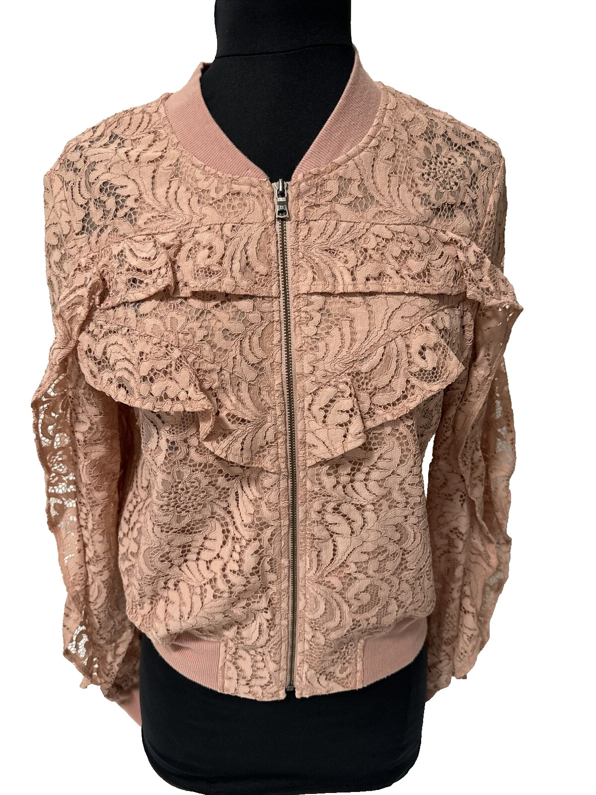 BCBGMaxazria Women’s Nova Dusty Rose Ruffle Bomber Long Sleeve Zip Jacket Sz S