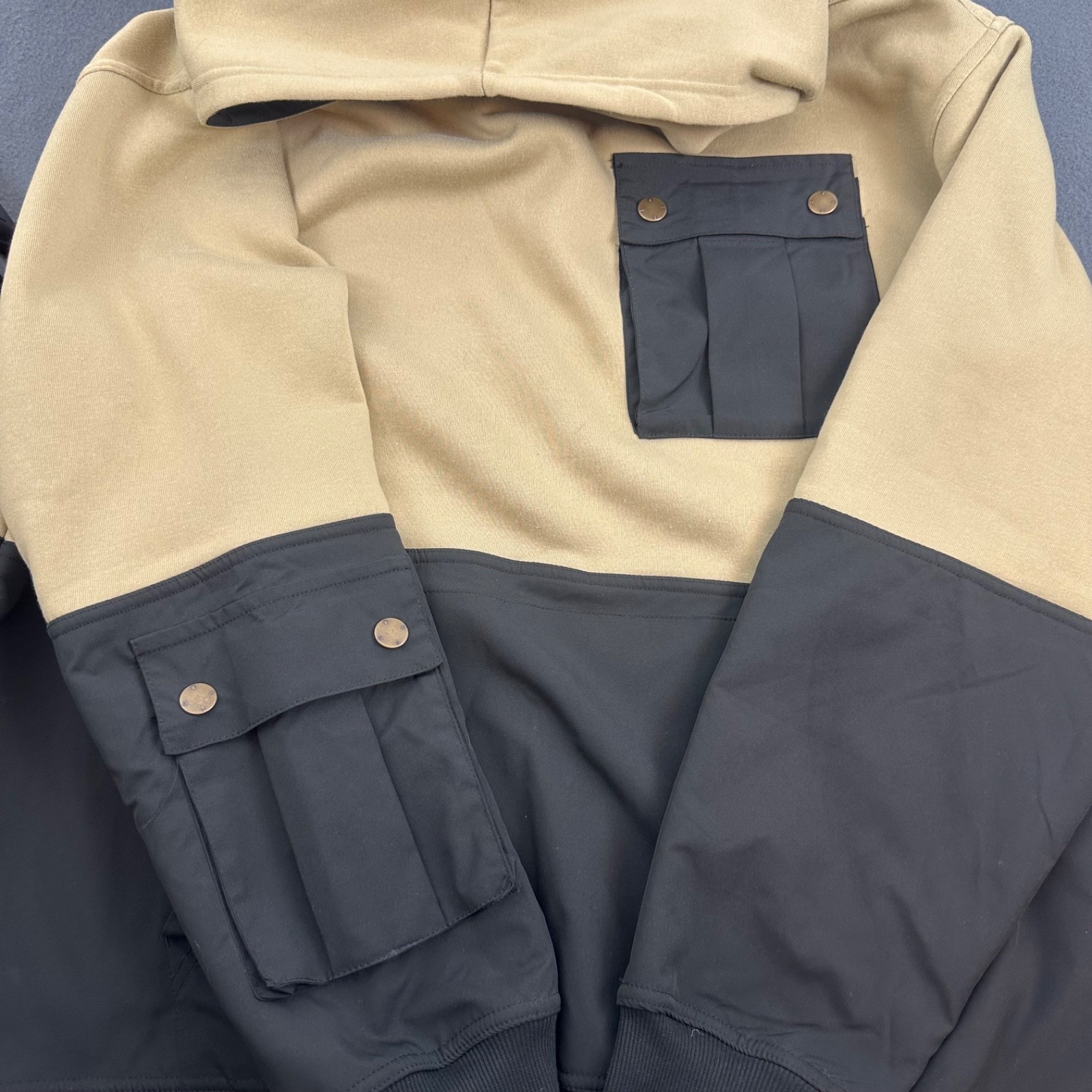 WeSC Men’s XL Tan & Black 90s Mike Utility Hoodie – Color Block Streetwear