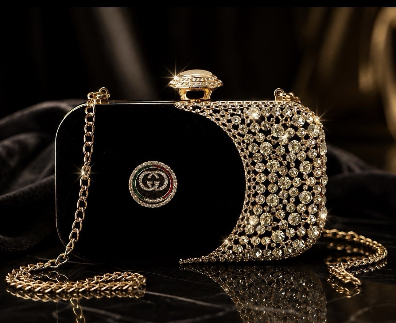Black & Gold Swarovski Crystal GG Evening bag- monogram clutch shoulder no brand
