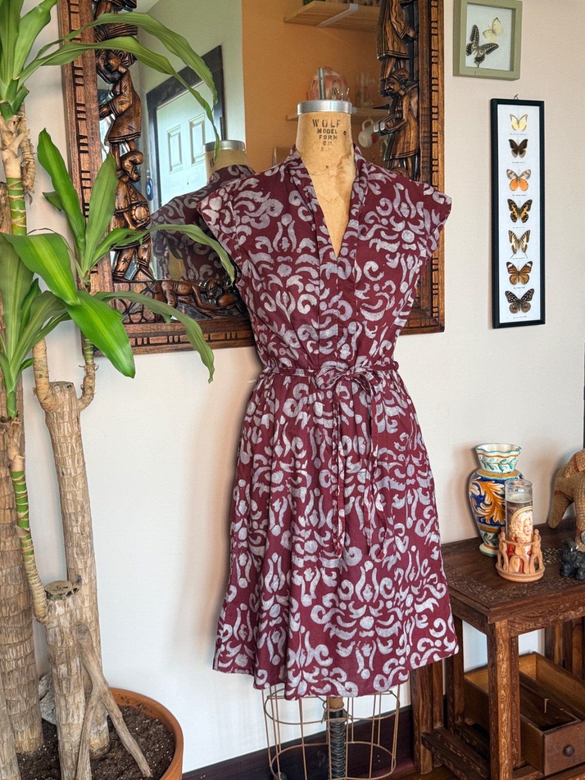 Global Mamas Cotton Burgundy/Gray Batik Dress Size M