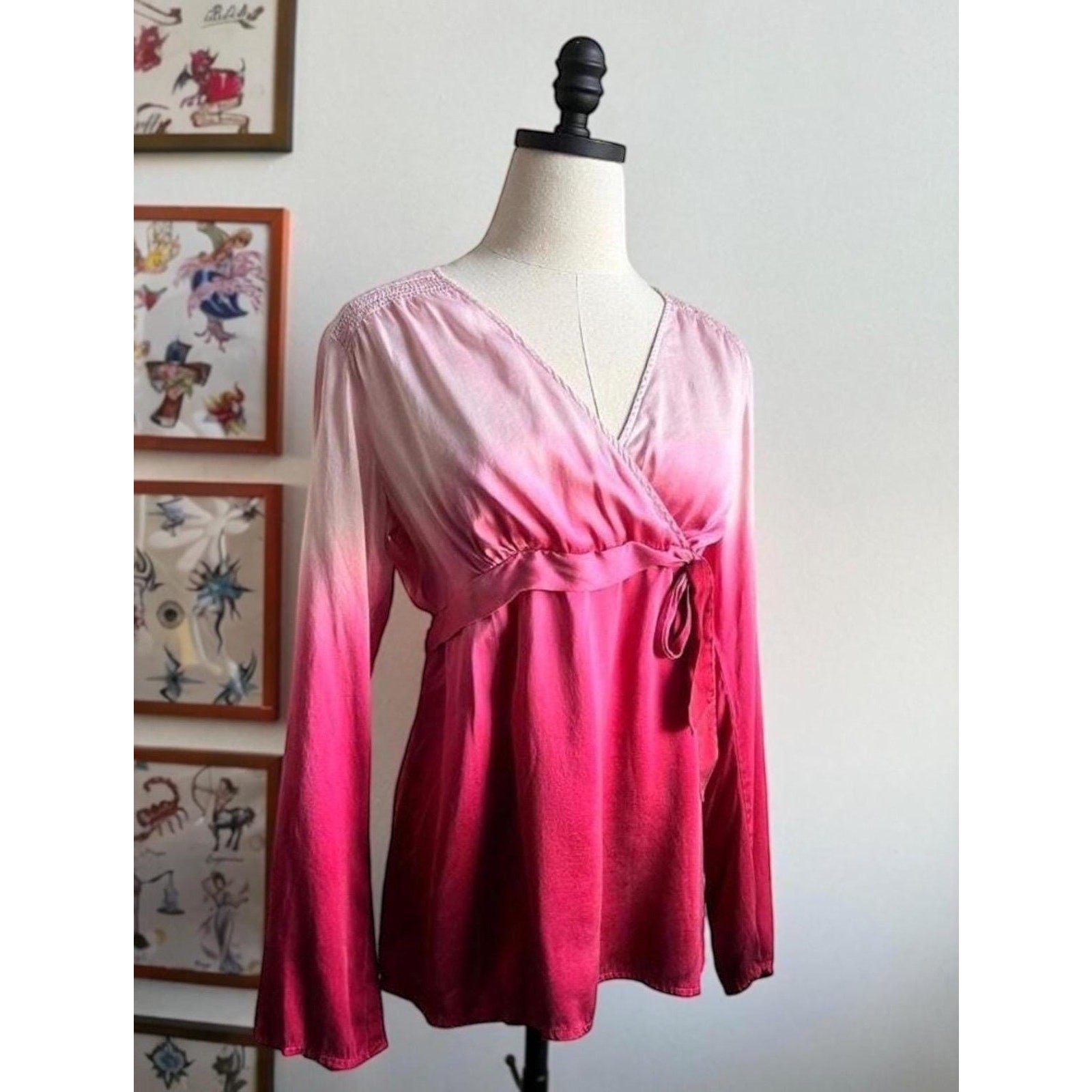 Vintage 90s Silk Wrap Top | Red Pink Ombre Bias Cut Blouse Tie Waist | M/L