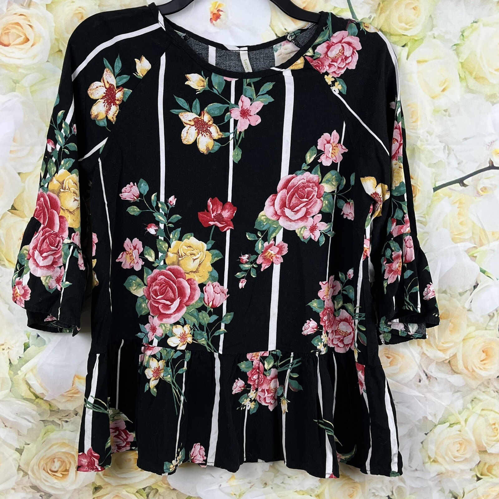 Lime N Chili Baby Doll Top Shirt Women’s Sz SMALL Ruffle Floral Tunic 3/4 Sleeve