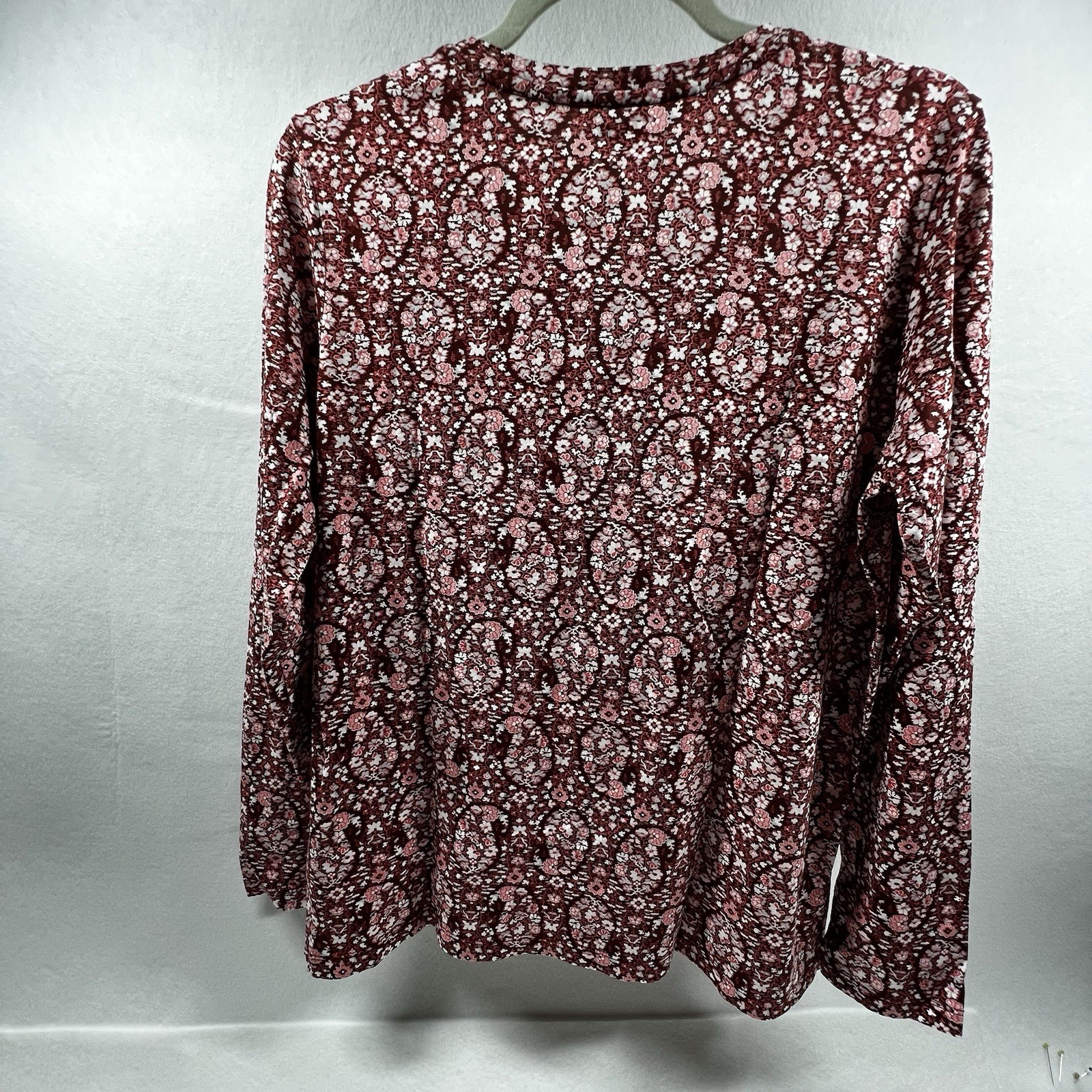 Lands End 100% Cotton M (10-12) Long Sleeve V Neck Pink/Burgundy Floral Top