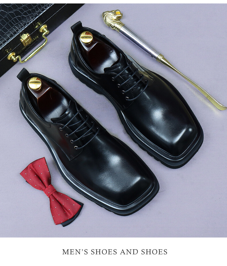 Men’s 100% Real Leather Square Toe Derby Shoes Wedding Platform Business Lace Up