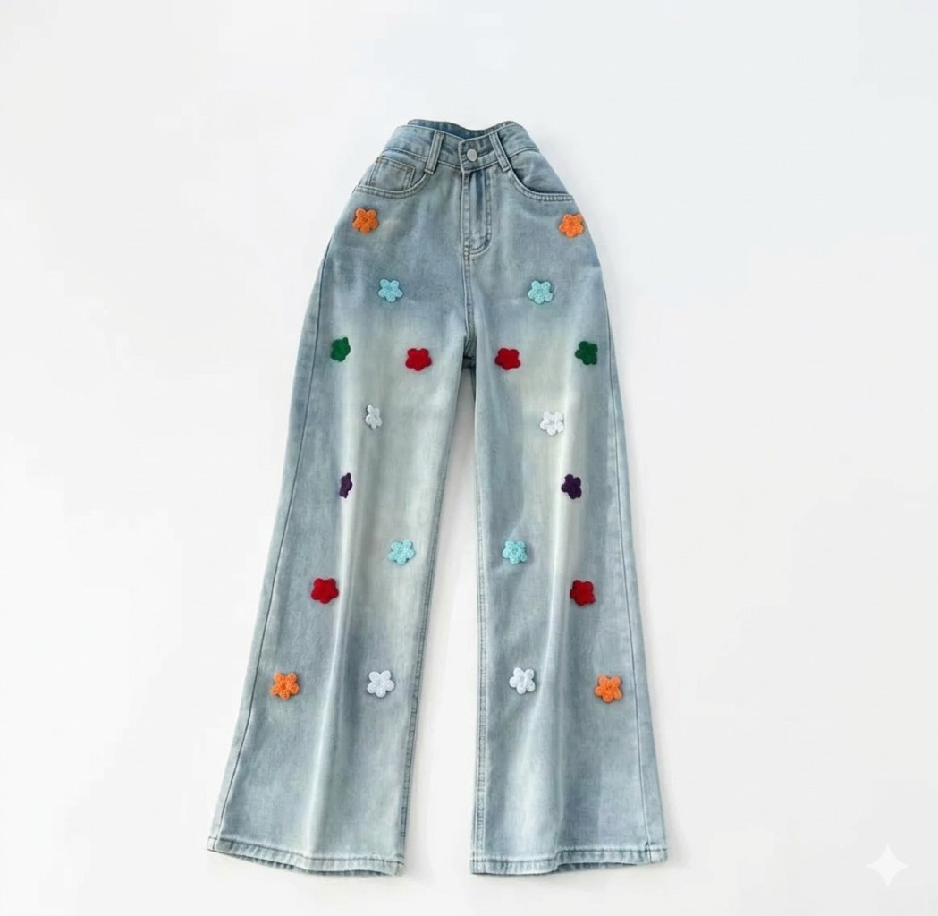Solid Color Floral Embroidery Denim Jeans, High Waist