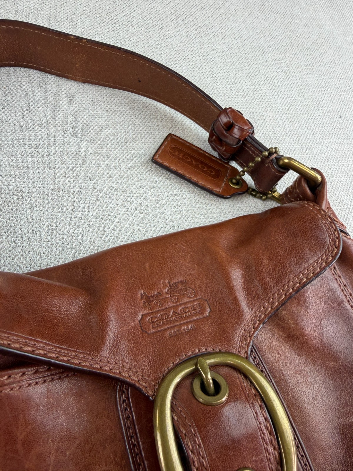 Coach Bleecker Legacy 11427 Cognac Leather Flap Shoulder Bag Tattersall Plaid