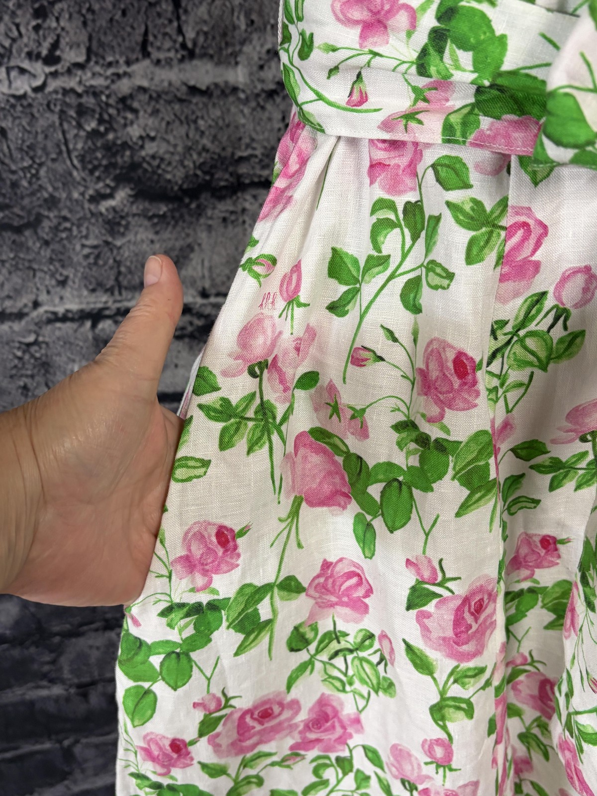 Hill House Laura Dress Womens Medium Pink Roses Linen Collared Belted Pockets