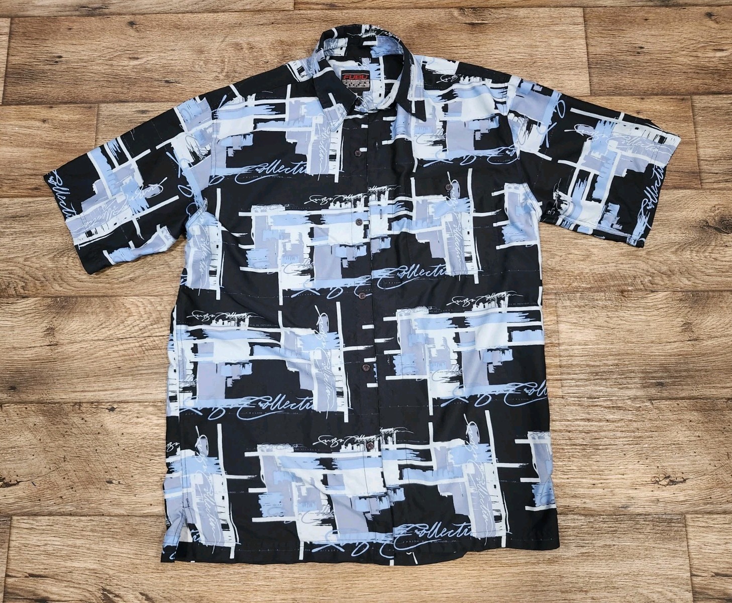 Vtg FUBU Shirt Medium Blue All Over Logo Graphic Button Down Hip Hop Rap 90s Y2K