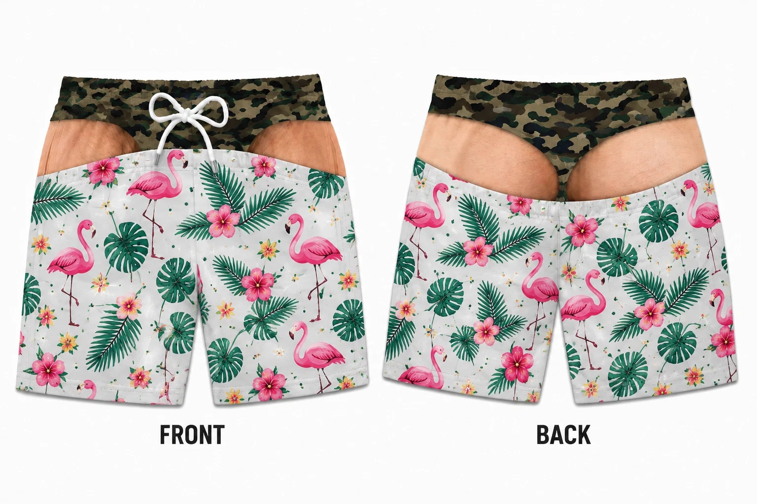 Funny Men Swim Shorts Peekaboo Butt Flamingo Beach Alternate Yellow Gift S-5XL