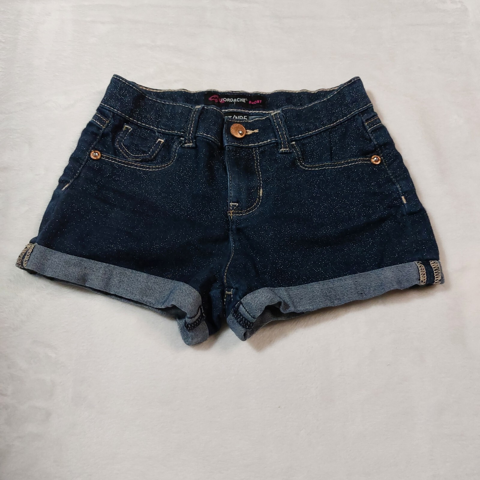 JORDACHE GIRLS BLUE JEAN GLITTER SPARKLE CUFFED DENIM SHORTS ADJUSTABLE WAIST 5T